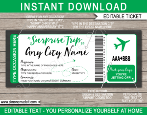 Green Printable Surprise Trip Boarding Pass Template | Surprise Trip Reveal | Faux Travel Airline Airplane Document | Fake Plane Ticket | Any Occasion Gift - Birthday, Anniversary, Christmas, Honeymoon, Girls Trip, Mother's Day, Father's Day etc | DIY Editable & Template | Instant Download via giftsbysimonemadeit.com