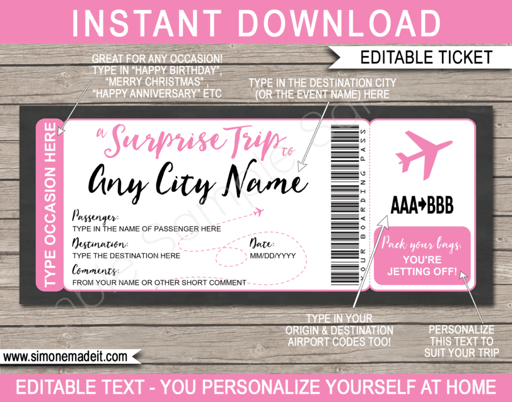Pink Printable Surprise Trip Boarding Pass Template | Surprise Trip Reveal | Faux Travel Airline Airplane Document | Fake Plane Ticket | Any Occasion Gift - Birthday, Anniversary, Christmas, Honeymoon, Girls Trip, Mother's Day, Father's Day etc | DIY Editable & Template | Instant Download via giftsbysimonemadeit.com