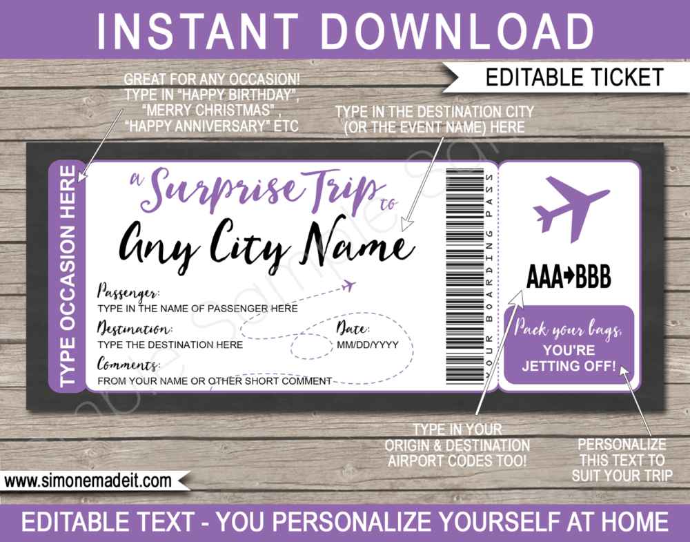 Purple Printable Surprise Trip Boarding Pass Template | Surprise Trip Reveal | Faux Travel Airline Airplane Document | Fake Plane Ticket | Any Occasion Gift - Birthday, Anniversary, Christmas, Honeymoon, Girls Trip, Mother's Day, Father's Day etc | DIY Editable & Template | Instant Download via giftsbysimonemadeit.com