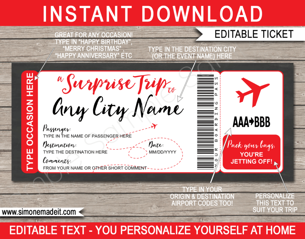 Red Printable Surprise Trip Boarding Pass Template | Surprise Trip Reveal | Faux Travel Airline Airplane Document | Fake Plane Ticket | Any Occasion Gift - Birthday, Anniversary, Christmas, Honeymoon, Girls Trip, Mother's Day, Father's Day etc | DIY Editable & Template | Instant Download via giftsbysimonemadeit.com