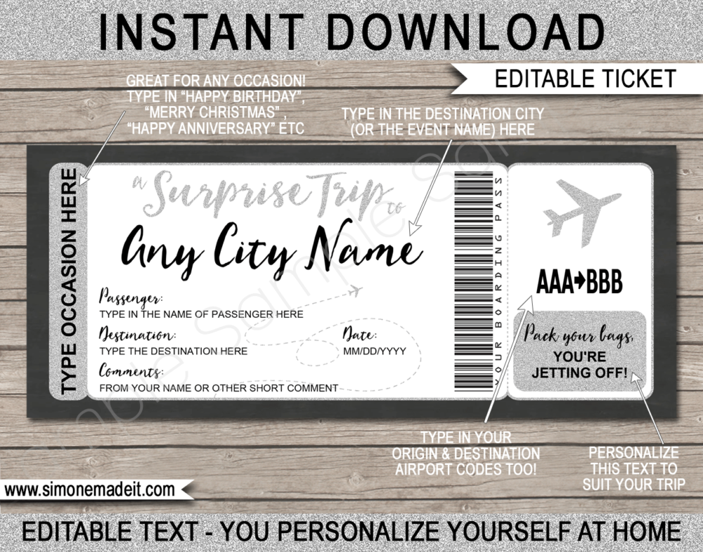 Printable Silver Surprise Trip Airline Ticket Template | Fake Boarding Pass Ticket | Surprise Trip Reveal | Faux Travel Airplane Document | Fake Plane Ticket | Any Occasion Gift - Birthday, Anniversary, Christmas, Honeymoon, Girls Trip, Mother's Day, Father's Day etc | DIY Editable & Template | Instant Download via giftsbysimonemadeit.com