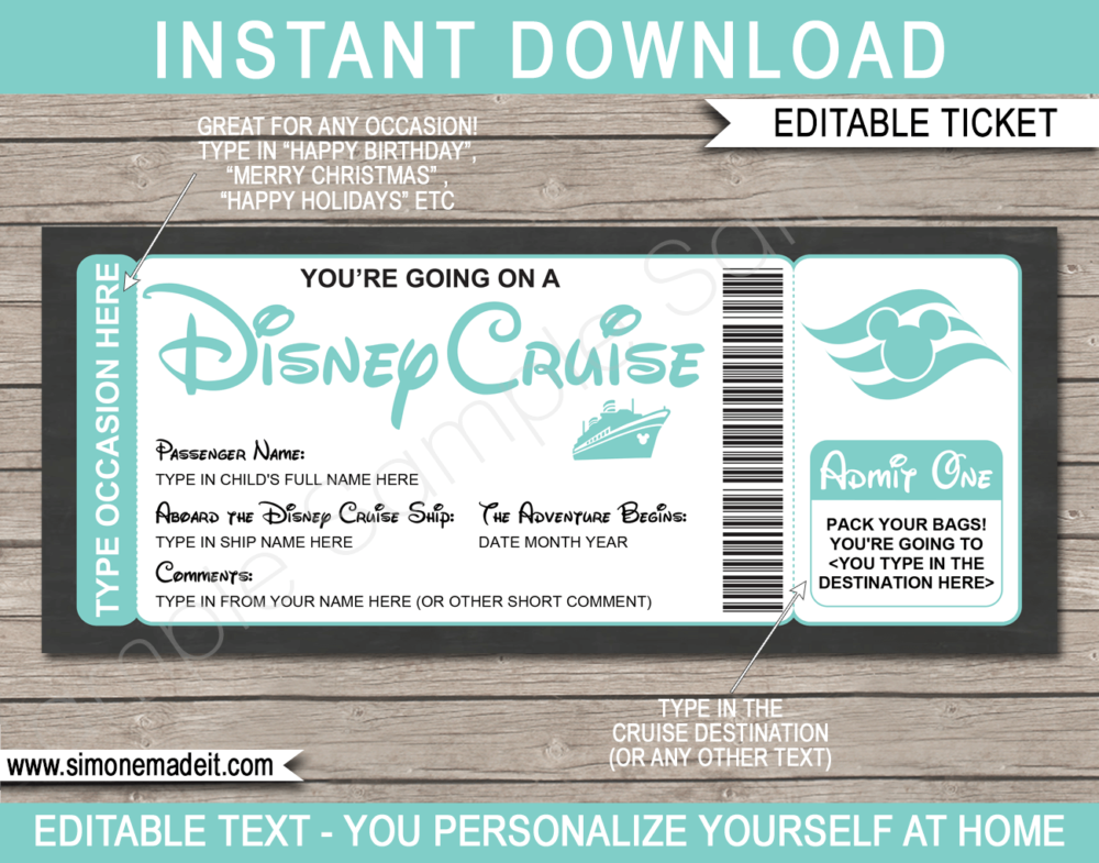 Aqua Printable Surprise Disney Cruise Boarding Pass Template | Editable Cruise Ticket Gift Voucher | Disney Cruise Reveal | Any Occasion | Happy Birthday | Merry Christmas | INSTANT DOWNLOAD via giftsbysimonemadeit.com