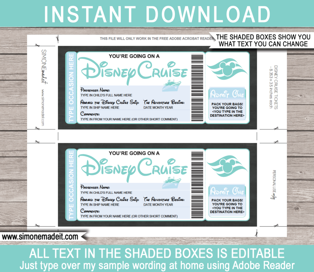 Aqua Printable Surprise Disney Cruise Boarding Pass Template | Editable Cruise Ticket Gift Voucher | Disney Cruise Reveal | Any Occasion | Happy Birthday | Merry Christmas | INSTANT DOWNLOAD via giftsbysimonemadeit.com