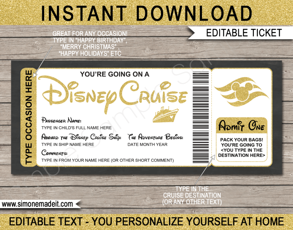 Gold Printable Surprise Disney Cruise Ticket Template | Editable Cruise Boarding Pass Gift Voucher or Certificate | Disney Cruise Reveal | Any Occasion | Happy Birthday | Merry Christmas | INSTANT DOWNLOAD via giftsbysimonemadeit.com