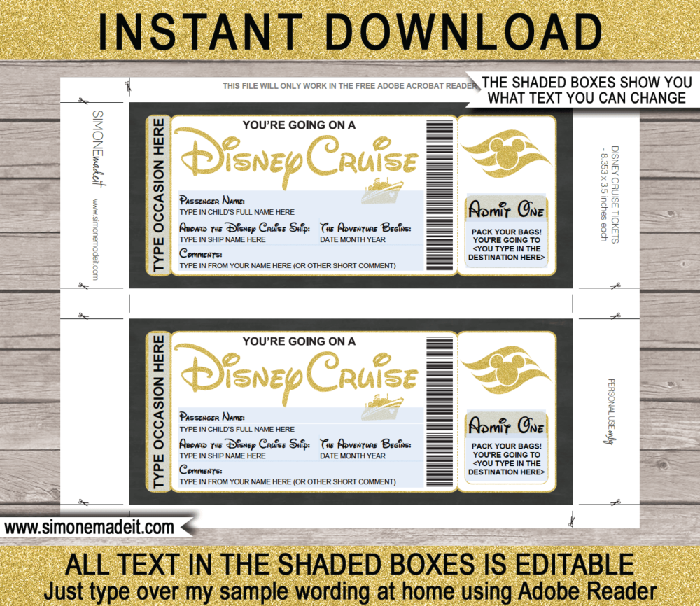 Gold Printable Surprise Disney Cruise Ticket Template | Editable Cruise Boarding Pass Gift Voucher or Certificate | Disney Cruise Reveal | Any Occasion | Happy Birthday | Merry Christmas | INSTANT DOWNLOAD via giftsbysimonemadeit.com