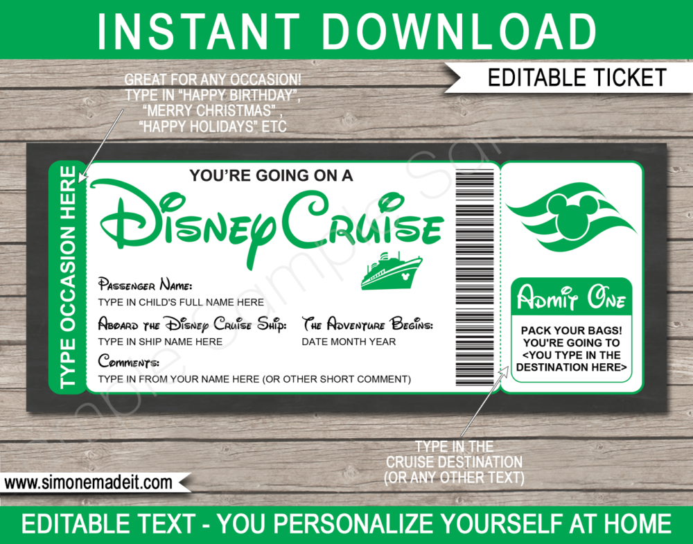 Green Printable Surprise Disney Cruise Boarding Pass Template | Editable Cruise Ticket Gift Voucher | Disney Cruise Reveal | Any Occasion | Happy Birthday | Merry Christmas | INSTANT DOWNLOAD via giftsbysimonemadeit.com