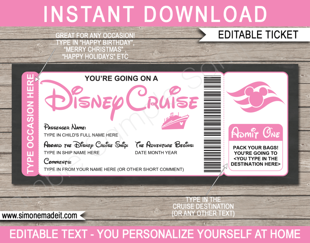 Pink Printable Surprise Disney Cruise Boarding Pass Template | Editable Cruise Ticket Gift Voucher | Disney Cruise Reveal | Any Occasion | Happy Birthday | Merry Christmas | INSTANT DOWNLOAD via giftsbysimonemadeit.com