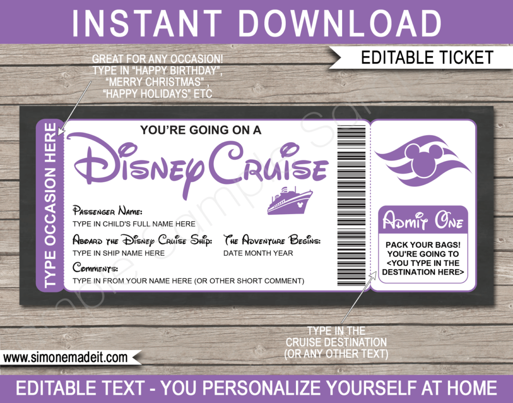 Purple Printable Surprise Disney Cruise Boarding Pass Template | Editable Cruise Ticket Gift Voucher | Disney Cruise Reveal | Any Occasion | Happy Birthday | Merry Christmas | INSTANT DOWNLOAD via giftsbysimonemadeit.com