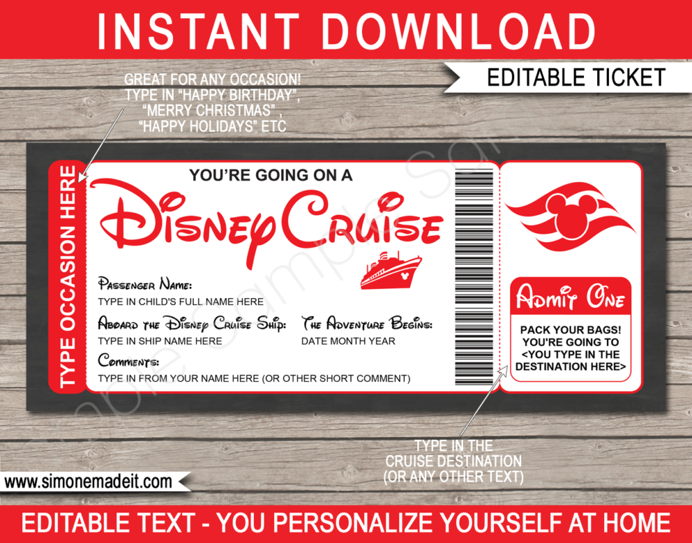 Red Printable Surprise Disney Cruise Boarding Pass Template | Editable Cruise Ticket Gift Voucher | Disney Cruise Reveal | Any Occasion | Happy Birthday | Merry Christmas | INSTANT DOWNLOAD via giftsbysimonemadeit.com