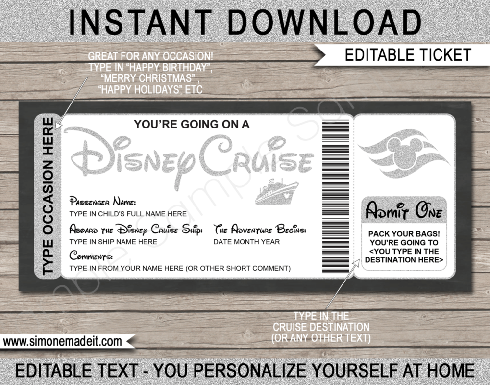 Silver Printable Surprise Disney Cruise Ticket Template | Editable Cruise Boarding Pass Gift Voucher or Certificate | Disney Cruise Reveal | Any Occasion | Happy Birthday | Merry Christmas | INSTANT DOWNLOAD via giftsbysimonemadeit.com