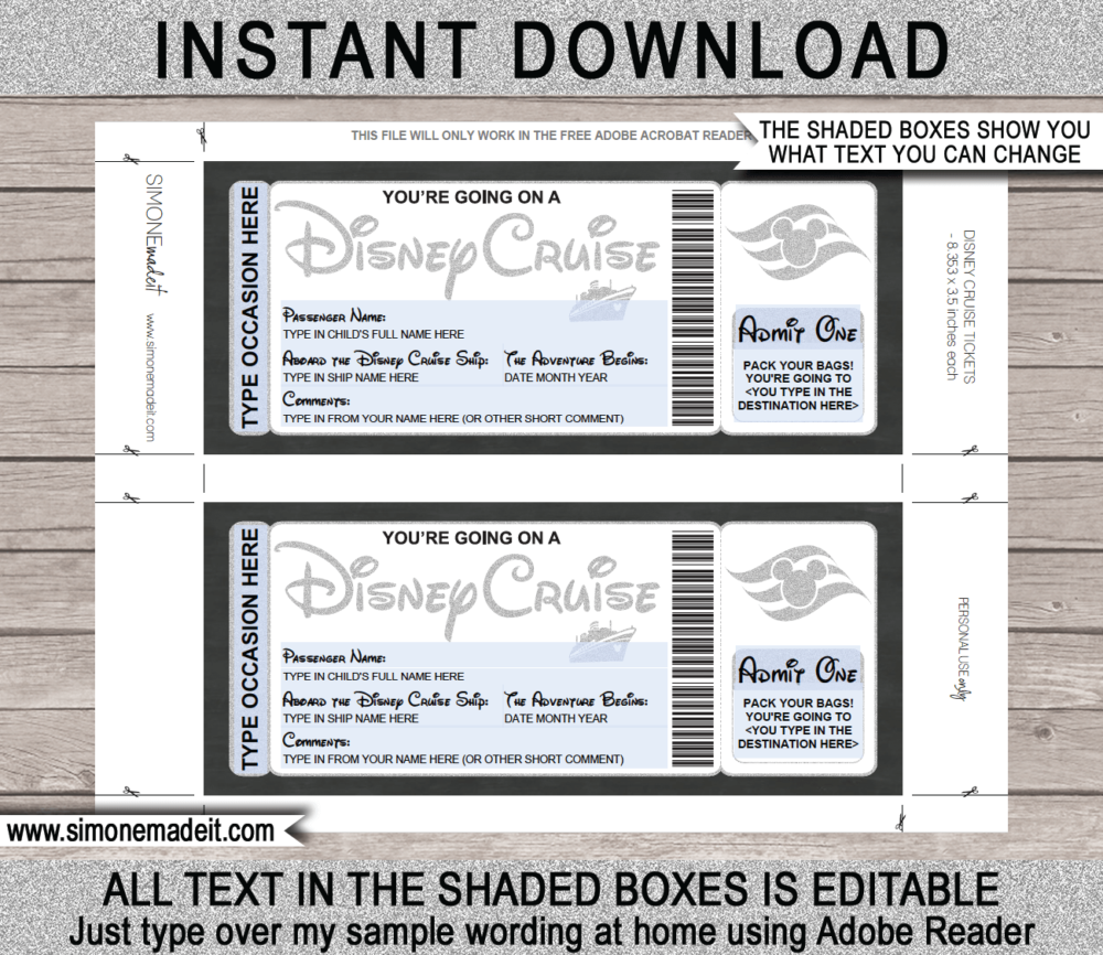 Silver Printable Surprise Disney Cruise Ticket Template | Editable Cruise Boarding Pass Gift Voucher or Certificate | Disney Cruise Reveal | Any Occasion | Happy Birthday | Merry Christmas | INSTANT DOWNLOAD via giftsbysimonemadeit.com