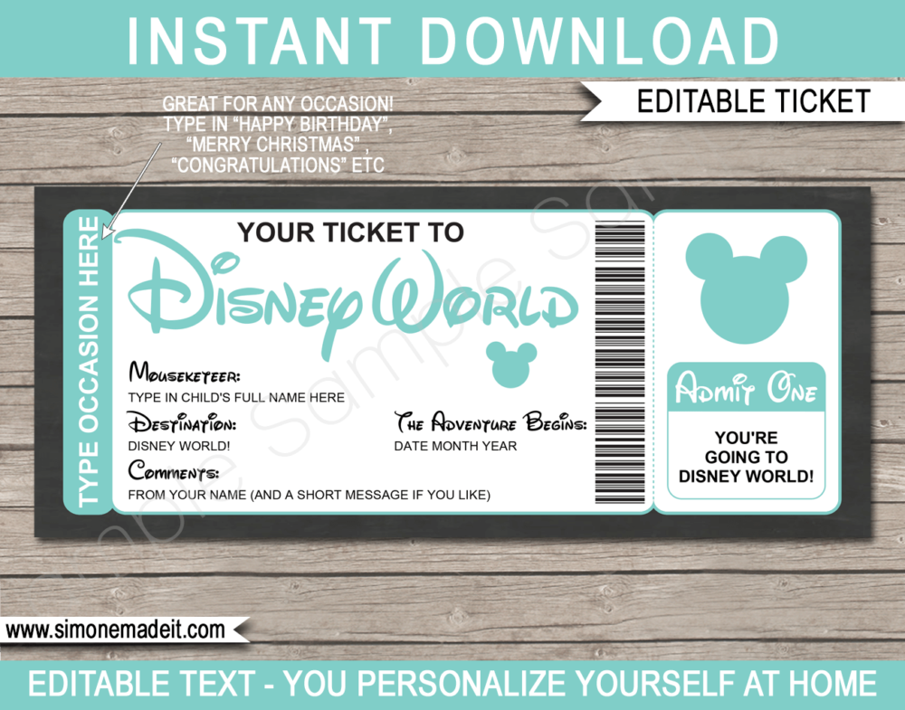 Aqua Surprise Trip to Disney World Ticket Template | Printable Disney Trip Reveal Gift | Editable Disney Gift Voucher or Certificate | Any Occasion | Happy Birthday | Merry Christmas | Congratulations | INSTANT DOWNLOAD via giftsbysimonemadeit.com