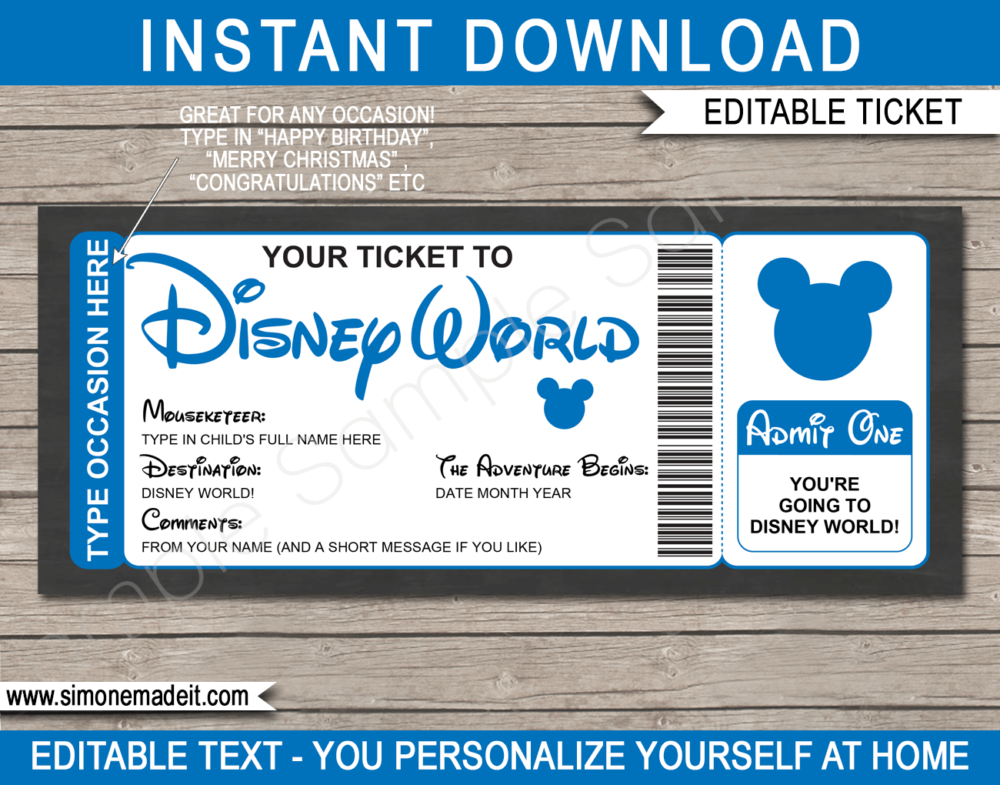Blue Surprise Trip to Disney World Ticket Template | Printable Disney Trip Reveal Gift | Editable Disney Gift Voucher or Certificate | Any Occasion | Happy Birthday | Merry Christmas | Congratulations | INSTANT DOWNLOAD via giftsbysimonemadeit.com