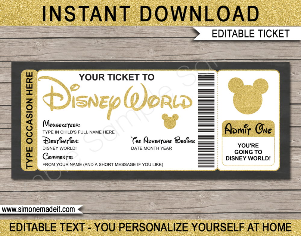 Gold Disney World Trip printable template | Surprise Disney Trip Reveal | Editable Disney Gift Voucher or Certificate | Any Occasion | Happy Birthday | Merry Christmas | Congratulations | INSTANT DOWNLOAD via giftsbysimonemadeit.com