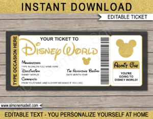 Gold Disney World Trip printable template | Surprise Disney Trip Reveal | Editable Disney Gift Voucher or Certificate | Any Occasion | Happy Birthday | Merry Christmas | Congratulations | INSTANT DOWNLOAD via giftsbysimonemadeit.com