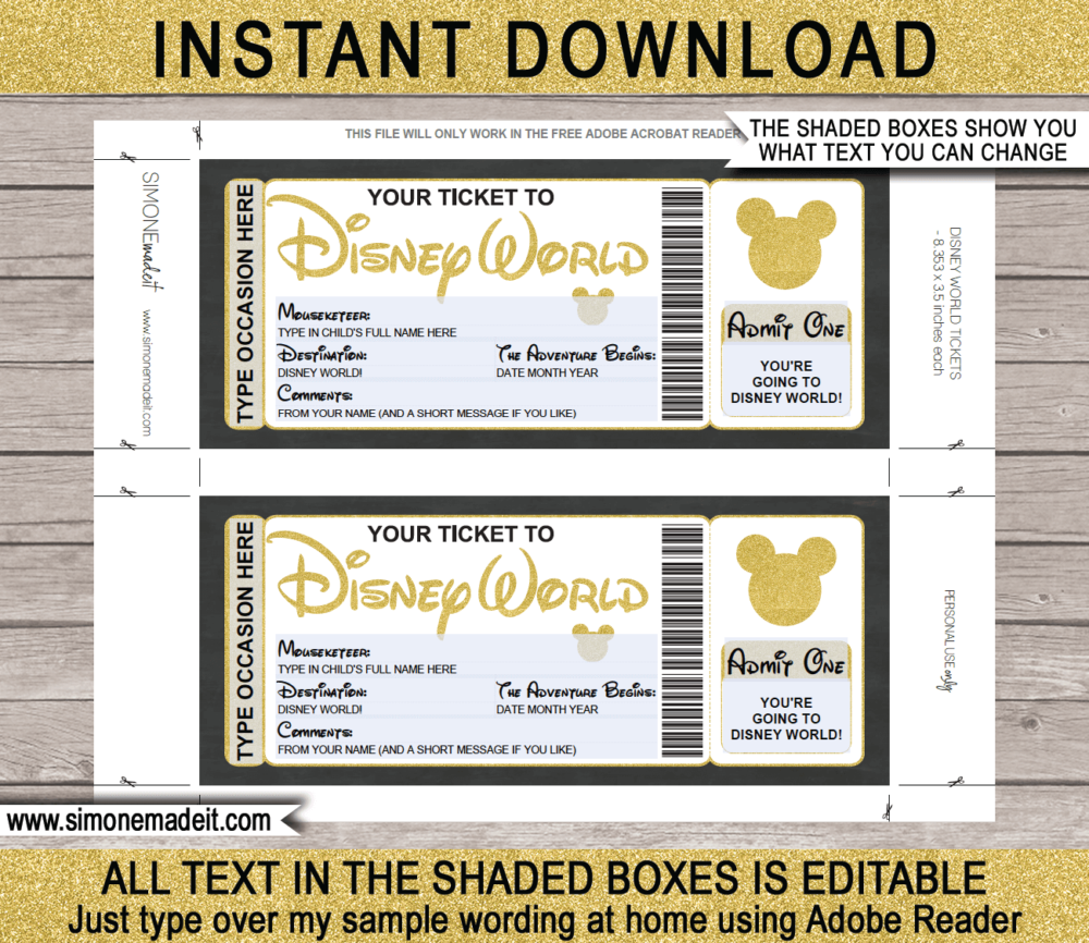 Gold You're going to Disney World Printable Template | Surprise Disney Trip Reveal | Editable Disney Gift Voucher or Certificate | Any Occasion | Happy Birthday | Merry Christmas | Congratulations | INSTANT DOWNLOAD via giftsbysimonemadeit.com