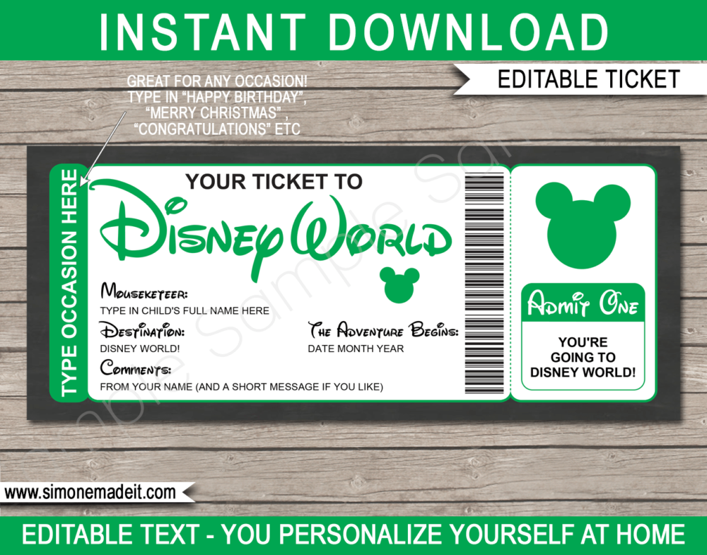 Green Surprise Trip to Disney World Ticket Template | Printable Disney Trip Reveal Gift | Editable Disney Gift Voucher or Certificate | Any Occasion | Happy Birthday | Merry Christmas | Congratulations | INSTANT DOWNLOAD via giftsbysimonemadeit.com