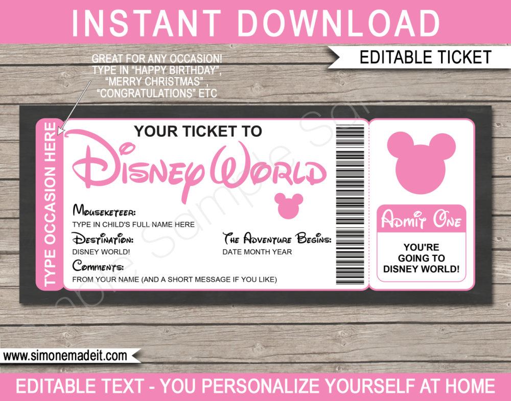 Pink Surprise Trip to Disney World Ticket Template | Printable Disney Trip Reveal Gift | Editable Disney Gift Voucher or Certificate | Any Occasion | Happy Birthday | Merry Christmas | Congratulations | INSTANT DOWNLOAD via giftsbysimonemadeit.com