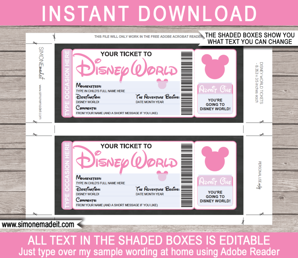 Surprise Trip to Walt Disney World Ticket Template | Printable Disney Trip Reveal Gift | Editable Disney Gift Voucher or Certificate | Any Occasion | Happy Birthday | Merry Christmas | Congratulations | INSTANT DOWNLOAD via giftsbysimonemadeit.com