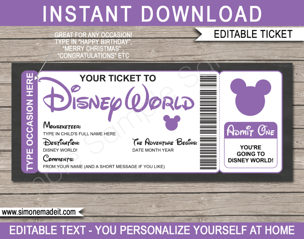 Purple Surprise Trip to Disney World Ticket Template | Printable Disney Trip Reveal Gift | Editable Disney Gift Voucher or Certificate | Any Occasion | Happy Birthday | Merry Christmas | Congratulations | INSTANT DOWNLOAD via giftsbysimonemadeit.com