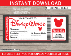 Red Surprise Trip to Disney World Ticket Template | Printable Disney Trip Reveal Gift | Editable Disney Gift Voucher or Certificate | Any Occasion | Happy Birthday | Merry Christmas | Congratulations | INSTANT DOWNLOAD via giftsbysimonemadeit.com