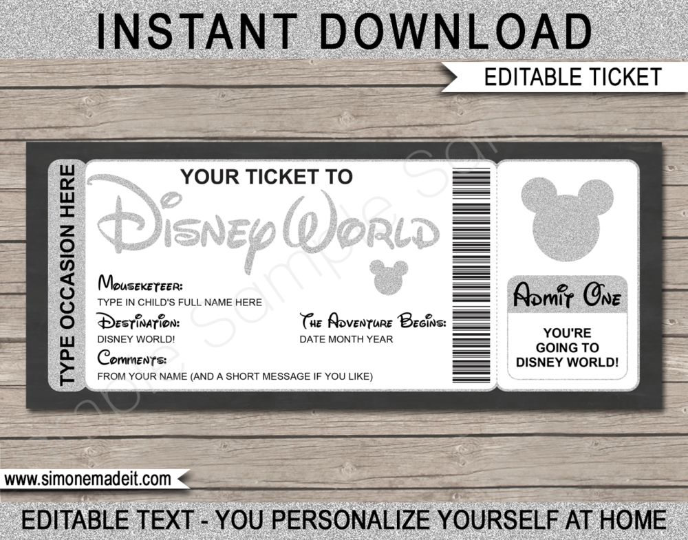 Silver You're going to Disney World Printable Template | Surprise Disney Trip Reveal | Editable Disney Gift Voucher or Certificate | Any Occasion | Happy Birthday | Merry Christmas | Congratulations | INSTANT DOWNLOAD via giftsbysimonemadeit.com