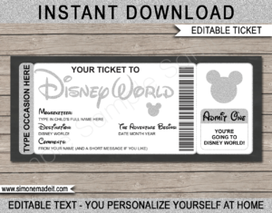 Silver You're going to Disney World Printable Template | Surprise Disney Trip Reveal | Editable Disney Gift Voucher or Certificate | Any Occasion | Happy Birthday | Merry Christmas | Congratulations | INSTANT DOWNLOAD via giftsbysimonemadeit.com