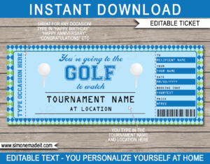 Printable Surprise Golf Tournament Tickets Gift Voucher Template | Surprise Tickets to a Golf Tournament | Gift Certificate | Birthday, Anniversary, Shower, Christmas, Hanukkah, Retirement etc | INSTANT DOWNLOAD via giftsbysimonemadeit.com