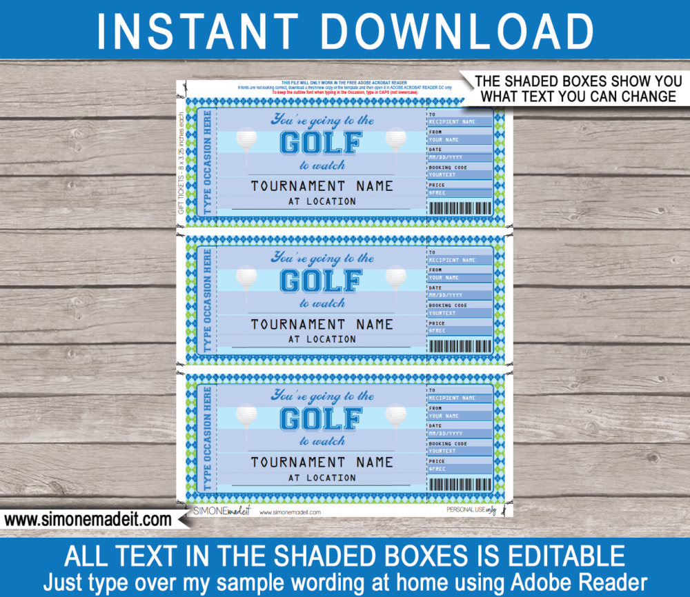 Printable Surprise Golf Tournament Tickets Gift Voucher Template | Surprise Tickets to a Golf Tournament | Gift Certificate | Birthday, Anniversary, Shower, Christmas, Hanukkah, Retirement etc | INSTANT DOWNLOAD via giftsbysimonemadeit.com