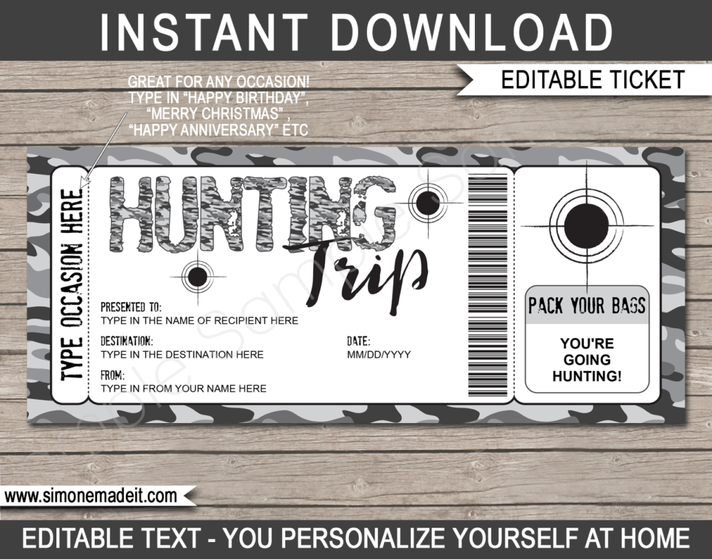 Printable Surprise Hunting Trip Gift Voucher Template | Hunting Trip Ticket | Gray Camo | Hunting Pass | Any Occasion | Birthday, Christmas, Anniversary, Father's Day, Graduation | DIY Editable & Printable Template | Instant Download via giftsbysimonemadeit.com