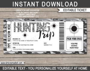 Printable Surprise Hunting Trip Gift Voucher Template | Hunting Trip Ticket | Gray Camo | Hunting Pass | Any Occasion | Birthday, Christmas, Anniversary, Father's Day, Graduation | DIY Editable & Printable Template | Instant Download via giftsbysimonemadeit.com