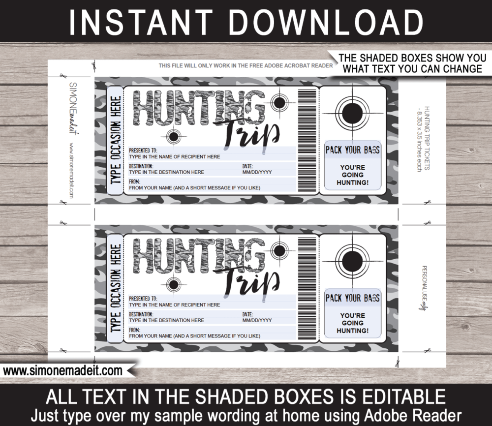 Printable Surprise Hunting Trip Gift Voucher Template | Hunting Trip Ticket | Gray Camo | Hunting Pass | Any Occasion | Birthday, Christmas, Anniversary, Father's Day, Graduation | DIY Editable & Printable Template | Instant Download via giftsbysimonemadeit.com