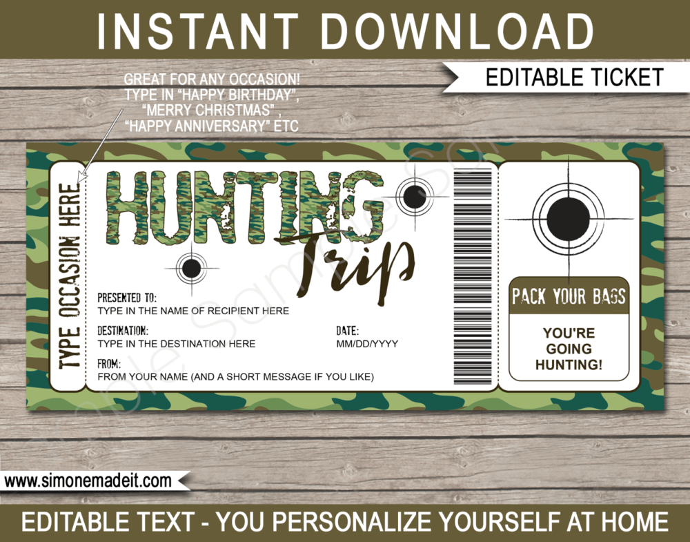 Printable Surprise Hunting Trip Gift Voucher Template | Hunting Trip Ticket | Green Camo | Hunting Pass | Any Occasion | Birthday, Christmas, Anniversary, Father's Day, Graduation | DIY Editable & Printable Template | Instant Download via giftsbysimonemadeit.com
