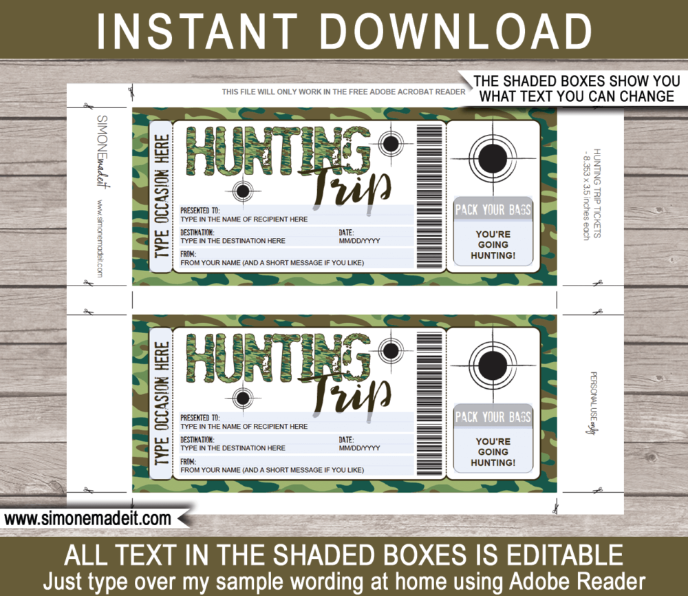 Printable Surprise Hunting Trip Gift Voucher Template | Hunting Trip Ticket | Green Camo | Hunting Pass | Any Occasion | Birthday, Christmas, Anniversary, Father's Day, Graduation | DIY Editable & Printable Template | Instant Download via giftsbysimonemadeit.com