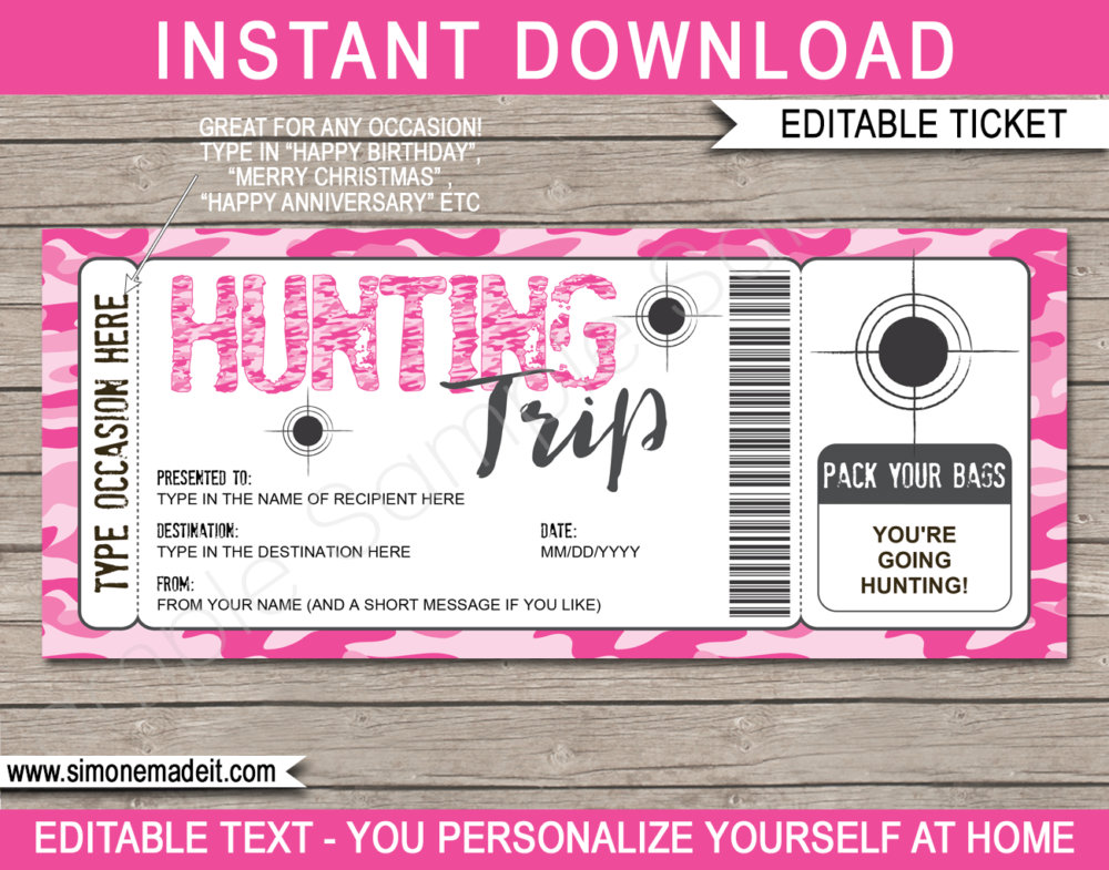 Printable Surprise Hunting Trip Gift Voucher Template | Hunting Trip Ticket | Pink Camo | Hunting Pass | Any Occasion | Birthday, Christmas, Anniversary, Father's Day, Graduation | DIY Editable & Printable Template | Instant Download via giftsbysimonemadeit.com
