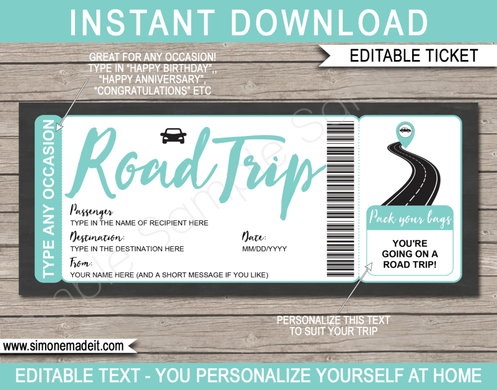 Printable Road Trip Reveal Template | Editable Road Trip Tickets | Aqua | Faux Fake Gift Ticket | Any Occasion - Birthday, Christmas, Anniversary, Graduation | Driving Holiday Vacation | INSTANT DOWNLOAD via giftsbysimonemadeit.com
