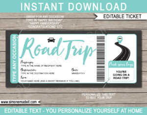 Printable Road Trip Reveal Template | Editable Road Trip Tickets | Aqua | Faux Fake Gift Ticket | Any Occasion - Birthday, Christmas, Anniversary, Graduation | Driving Holiday Vacation | INSTANT DOWNLOAD via giftsbysimonemadeit.com