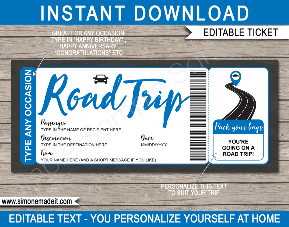 Printable Road Trip Reveal Template | Editable Road Trip Tickets | Blue | Faux Fake Gift Ticket | Any Occasion - Birthday, Christmas, Anniversary, Graduation | Driving Holiday Vacation | INSTANT DOWNLOAD via giftsbysimonemadeit.com