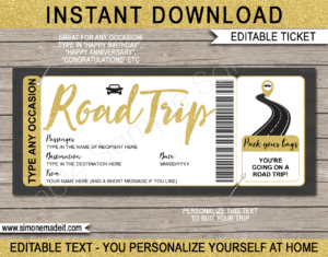 Printable Road Trip Tickets Template | Gold Glitter | Surprise Road Trip Reveal Gift Ticket | Fake Ticket | Any Occasion - Birthday, Christmas, Anniversary, Graduation | Driving Holiday Vacation | INSTANT DOWNLOAD via giftsbysimonemadeit.com