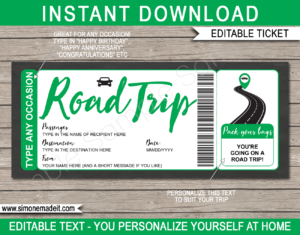 Printable Road Trip Reveal Template | Editable Road Trip Tickets | Green | Faux Fake Gift Ticket | Any Occasion - Birthday, Christmas, Anniversary, Graduation | Driving Holiday Vacation | INSTANT DOWNLOAD via giftsbysimonemadeit.com