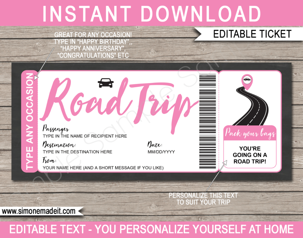 Printable Road Trip Reveal Template | Editable Road Trip Tickets | Pink | Faux Fake Gift Ticket | Any Occasion - Birthday, Christmas, Anniversary, Graduation | Driving Holiday Vacation | INSTANT DOWNLOAD via giftsbysimonemadeit.com