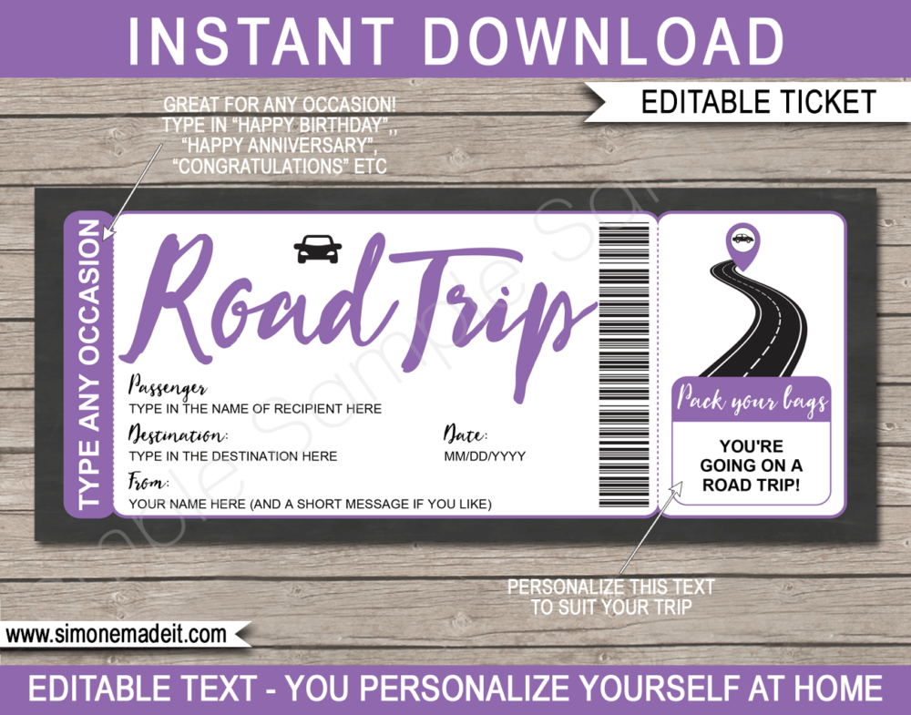Printable Road Trip Reveal Template | Editable Road Trip Tickets | Purple | Faux Fake Gift Ticket | Any Occasion - Birthday, Christmas, Anniversary, Graduation | Driving Holiday Vacation | INSTANT DOWNLOAD via giftsbysimonemadeit.com