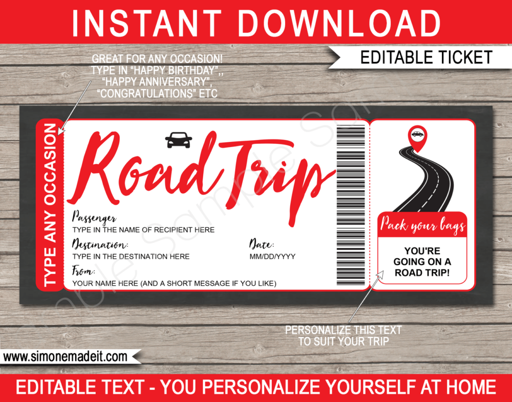 Printable Road Trip Reveal Template | Editable Road Trip Tickets | Red | Faux Fake Gift Ticket | Any Occasion - Birthday, Christmas, Anniversary, Graduation | Driving Holiday Vacation | INSTANT DOWNLOAD via giftsbysimonemadeit.com