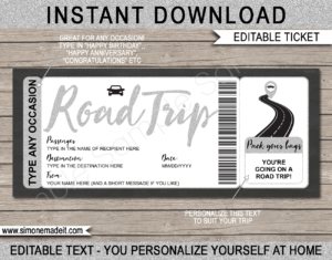 Printable Road Trip Tickets Template | Silver Glitter | Surprise Road Trip Reveal Gift Ticket | Fake Ticket | Any Occasion - Birthday, Christmas, Anniversary, Graduation | Driving Holiday Vacation | INSTANT DOWNLOAD via giftsbysimonemadeit.com