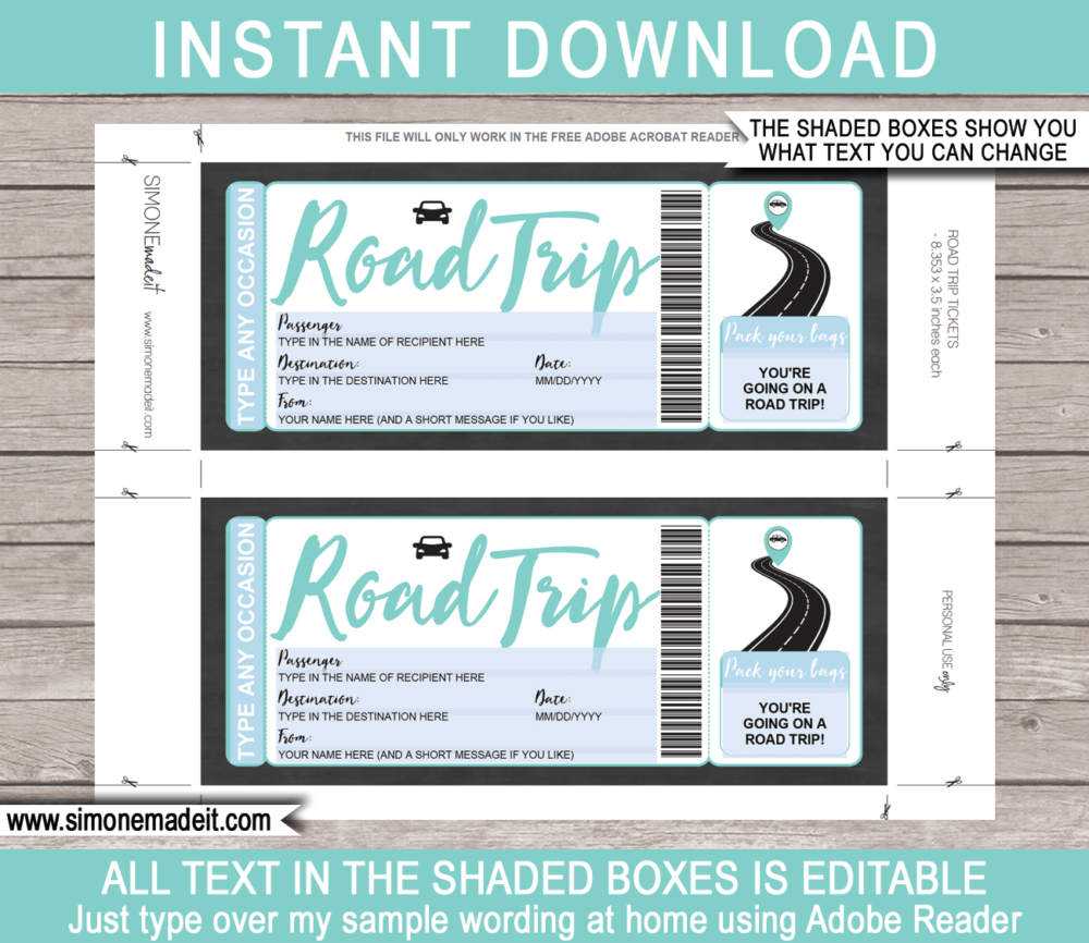 Printable Road Trip Reveal Template | Editable Road Trip Tickets | Aqua | Faux Fake Gift Ticket | Any Occasion - Birthday, Christmas, Anniversary, Graduation | Driving Holiday Vacation | INSTANT DOWNLOAD via giftsbysimonemadeit.com