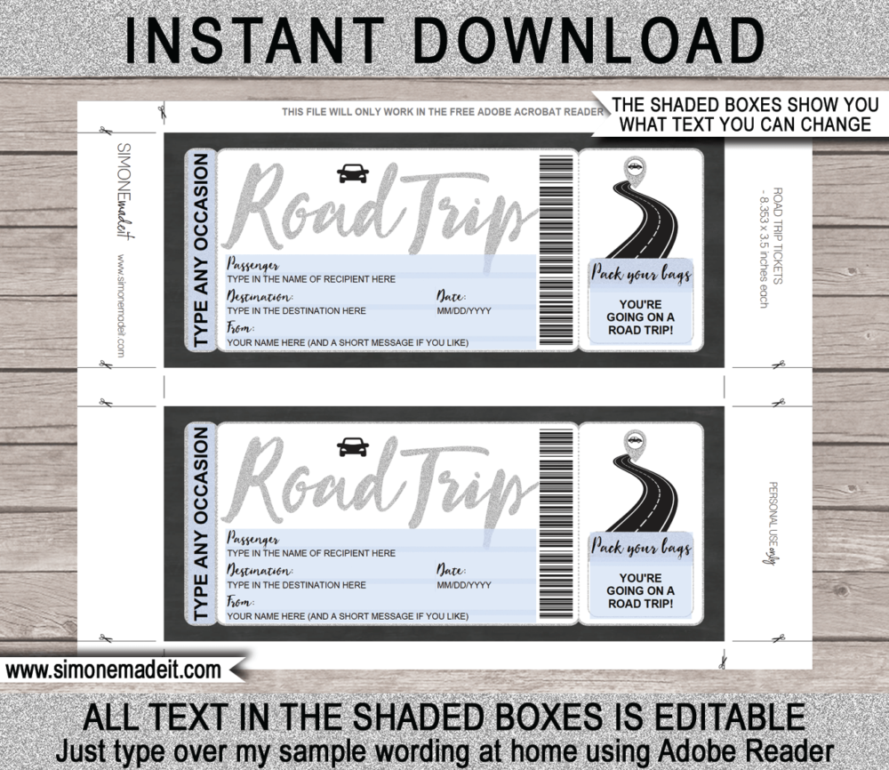 Printable Road Trip Tickets Template | Silver Glitter | Surprise Road Trip Reveal Gift Ticket | Fake Ticket | Any Occasion - Birthday, Christmas, Anniversary, Graduation | Driving Holiday Vacation | INSTANT DOWNLOAD via giftsbysimonemadeit.com