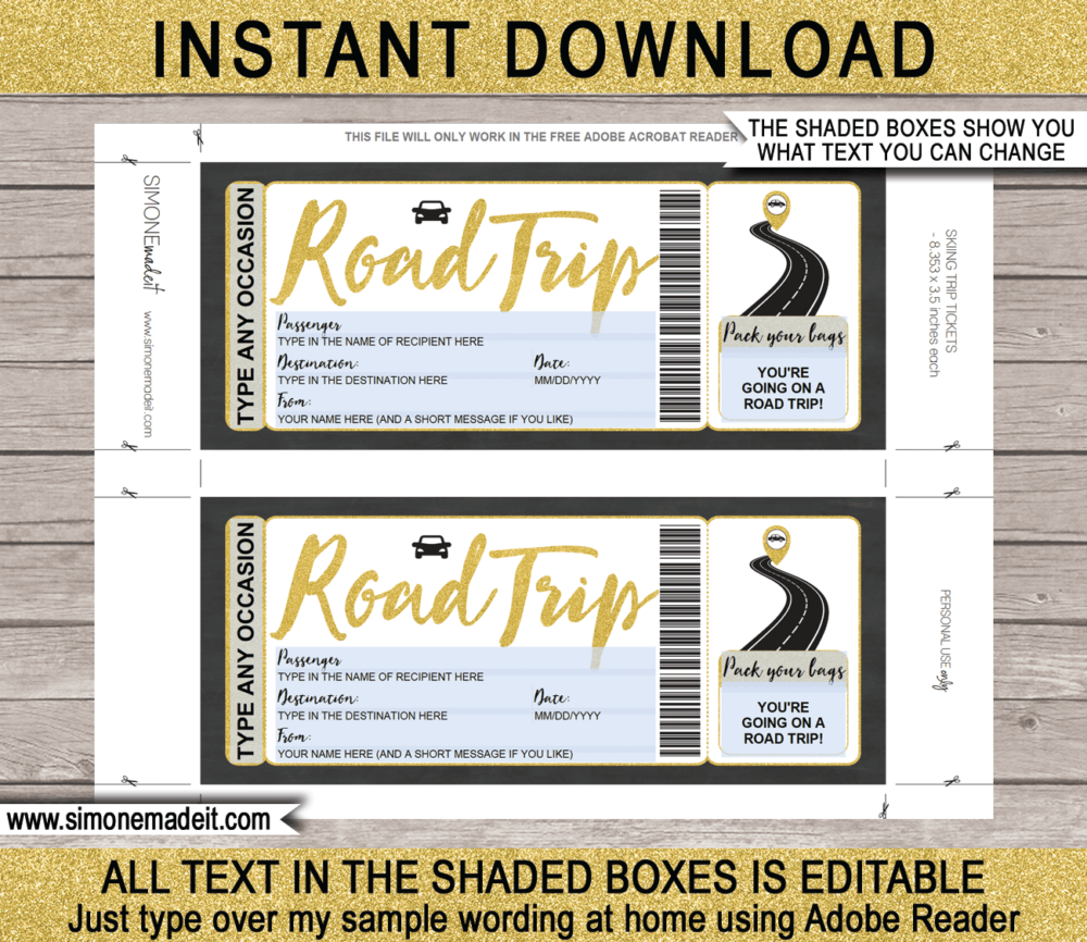 Printable Road Trip Tickets Template | Surprise Road Trip Reveal Gift Ticket | Fake Ticket | Any Occasion - Birthday, Christmas, Anniversary, Graduation | Driving Holiday Vacation | INSTANT DOWNLOAD via giftsbysimonemadeit.com