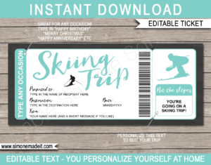 Aqua Printable Surprise Skiing Trip Gift Voucher Template | Ski Trip to the Snow | Faux or Fake Skiing Ticket | Ski Pass | DIY Editable & Printable Template | Instant Download via giftsbysimonemadeit.com