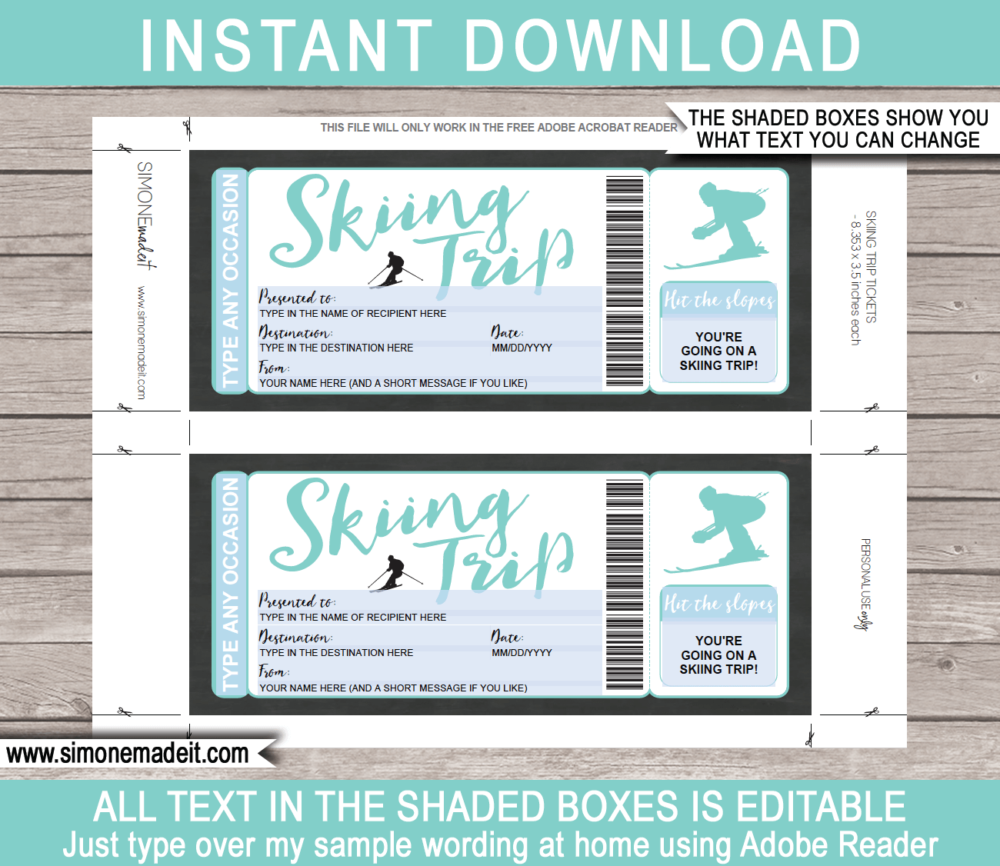 Aqua Printable Surprise Skiing Trip Gift Voucher Template | Ski Trip to the Snow | Faux or Fake Skiing Ticket | Ski Pass | DIY Editable & Printable Template | Instant Download via giftsbysimonemadeit.com