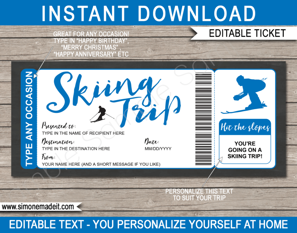 Blue Printable Surprise Skiing Trip Gift Voucher Template | Ski Trip to the Snow | Faux or Fake Skiing Ticket | Ski Pass | DIY Editable & Printable Template | Instant Download via giftsbysimonemadeit.com